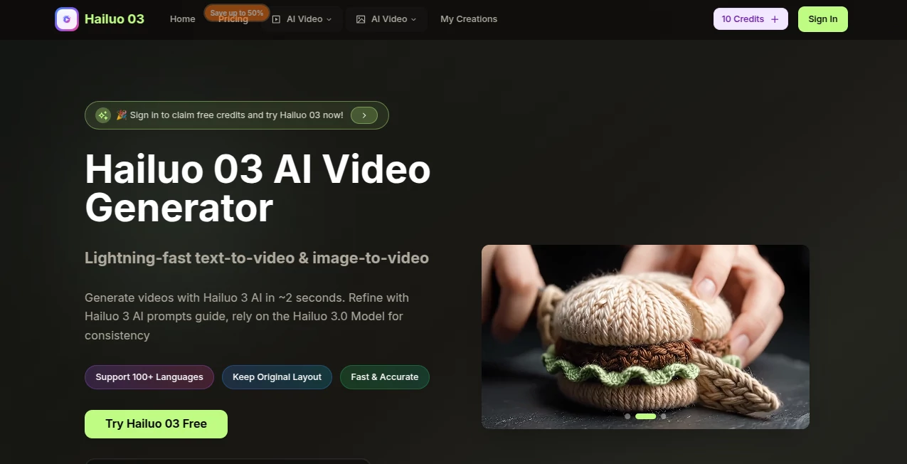 Screenshot of hailuo03 – An AI tool in the ,AI Animated Video ,AI Image to Video ,AI Text to Video ,AI Video Generator  category, showcasing its interface and key features.