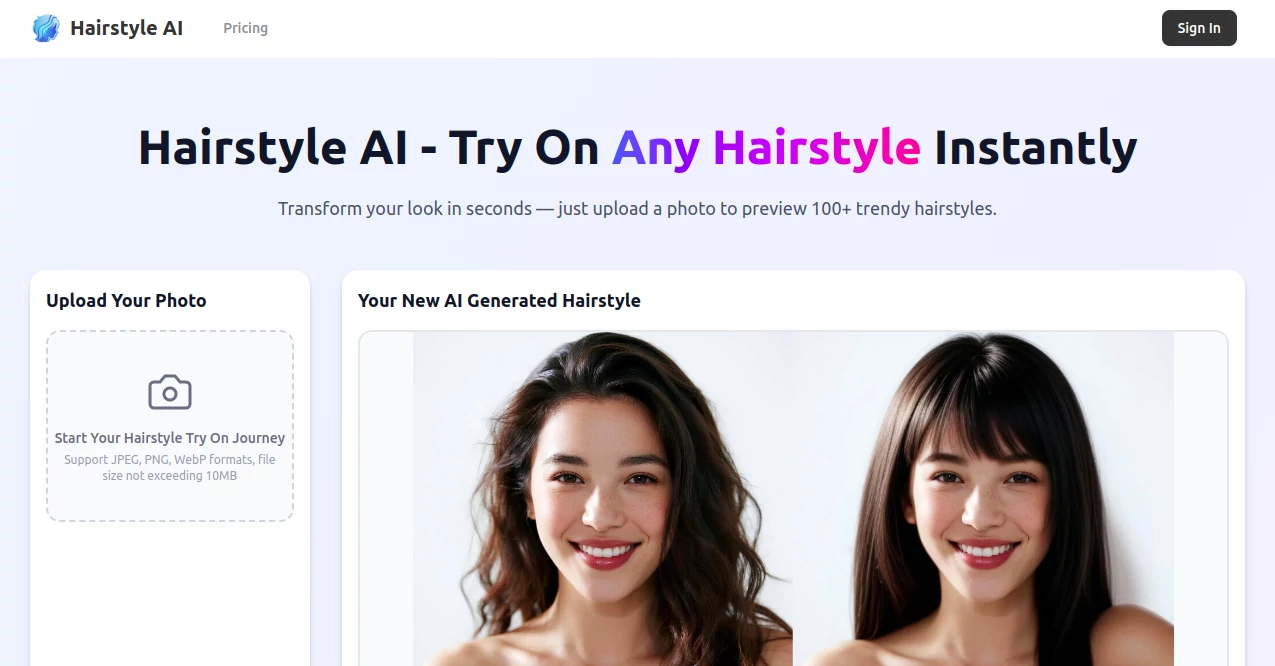 Screenshot of Hairstyle AI – An AI tool in the ,Photo & Image Editor ,AI Photo Enhancer ,AI Selfie & Portrait ,AI Design Generator  category, showcasing its interface and key features.