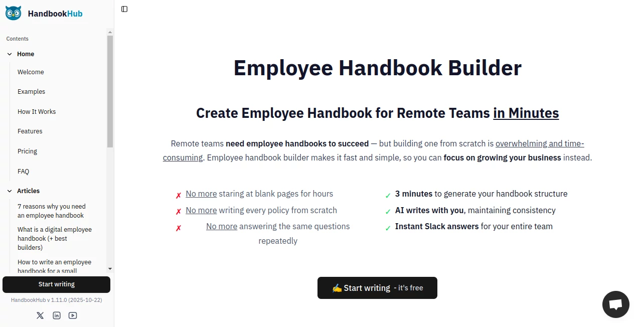 Screenshot of HandbookHub – An AI tool in the ,AI Knowledge Base ,AI Team Collaboration ,AI SOP ,AI Documents Assistant  category, showcasing its interface and key features.