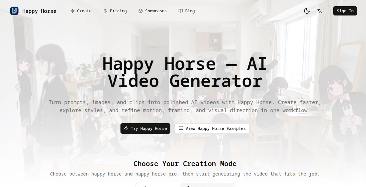 Screenshot of Happy Horse – An AI tool in the ,AI Animated Video ,AI Image to Video ,AI Video Generator ,AI Text to Video  category, showcasing its interface and key features.