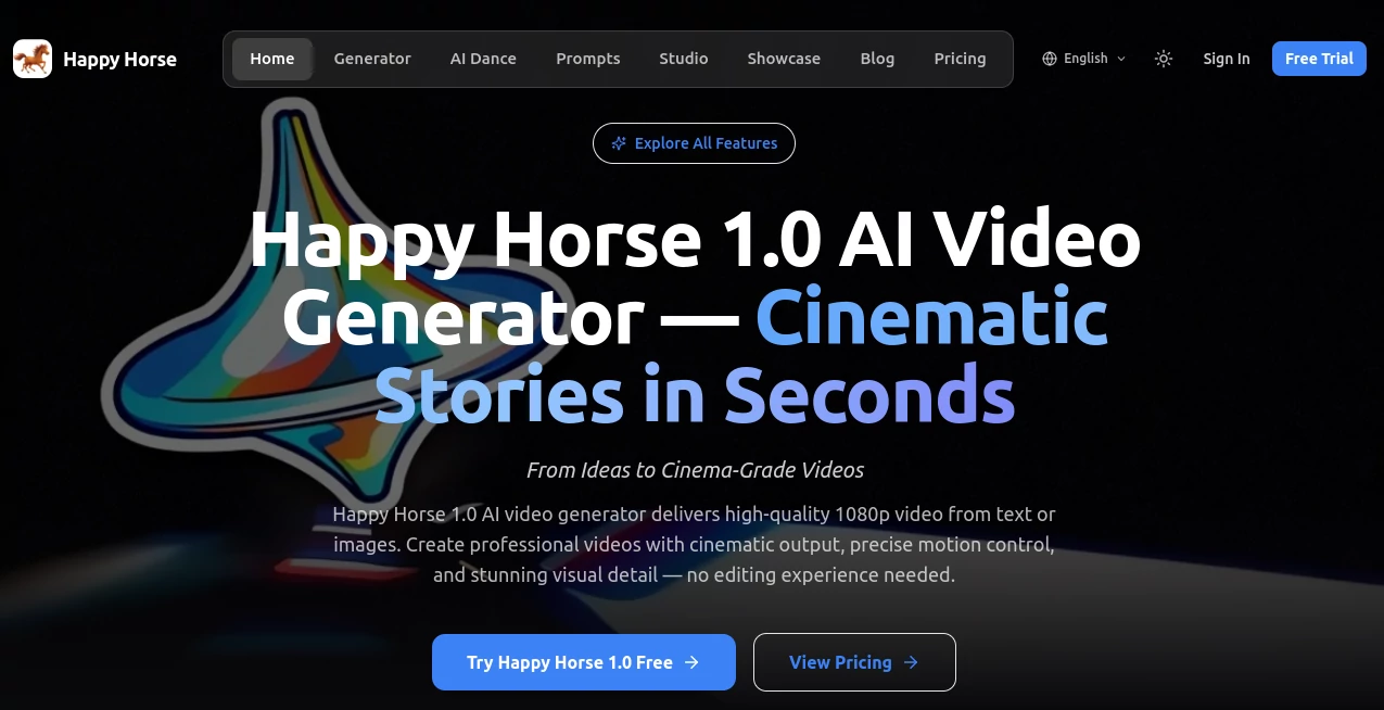 Screenshot of Happy Horse – An AI tool in the ,AI Animated Video ,AI Image to Video ,AI Video Generator ,AI Text to Video  category, showcasing its interface and key features.