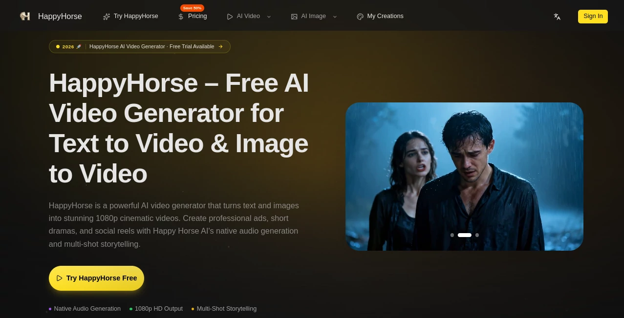 Screenshot of HappyHorse AI – An AI tool in the ,AI Animated Video ,AI Image to Video ,AI Video Generator ,AI Text to Video  category, showcasing its interface and key features.
