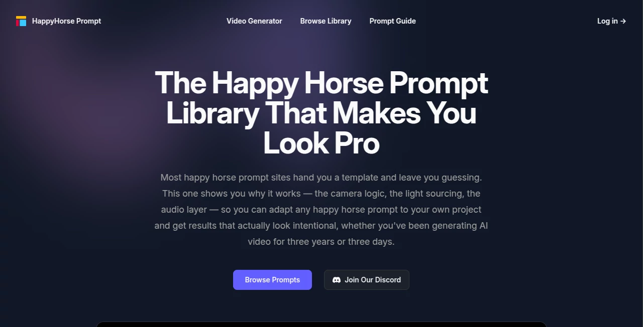 Screenshot of Happy Horse Prompt Library – An AI tool in the ,AI Music Generator ,AI Video Generator ,AI Short Clips Generator ,AI Voice & Audio Editing  category, showcasing its interface and key features.