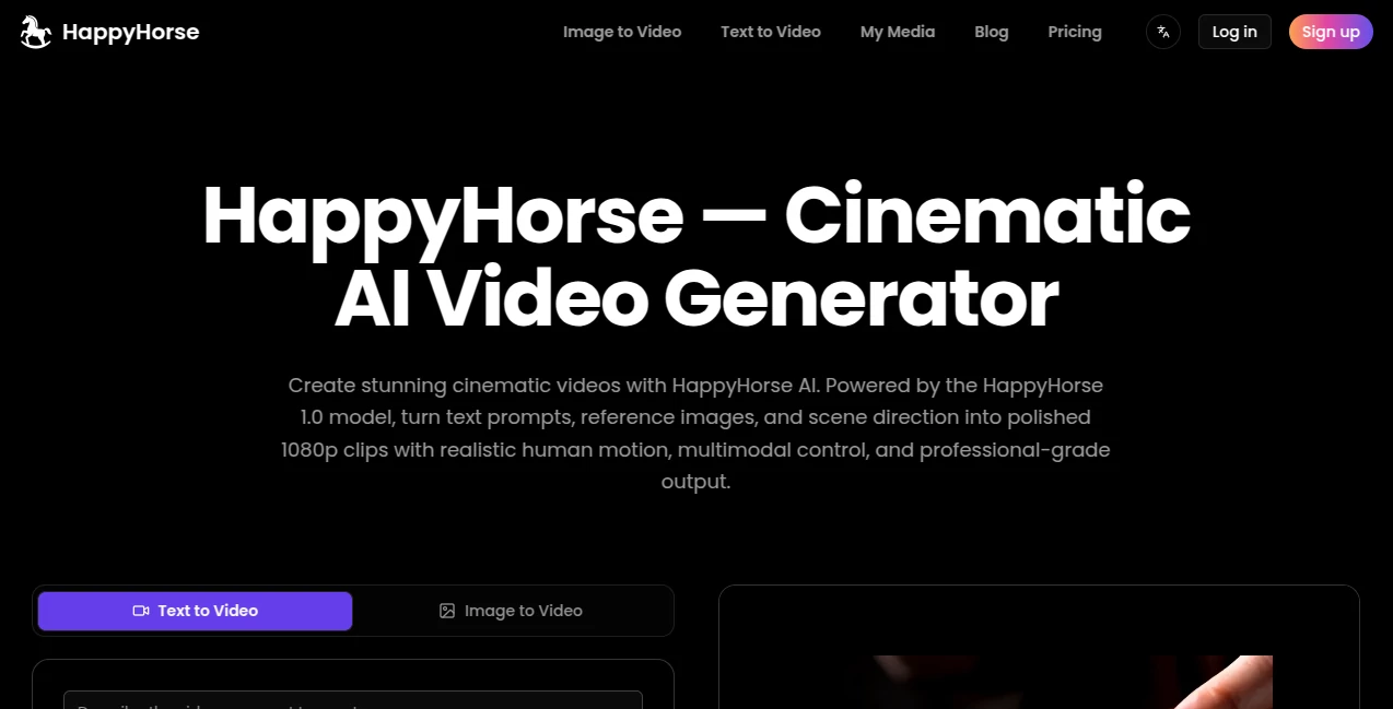 Screenshot of happyhorse – An AI tool in the ,AI Video Generator ,AI Music Generator ,AI Text to Video ,AI Voice & Audio Editing  category, showcasing its interface and key features.