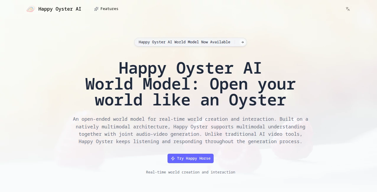 Screenshot of Happy Oyster – An AI tool in the ,AI Game ,AI 3D Model Generator ,AI Video Generator ,AI Text to Video  category, showcasing its interface and key features.