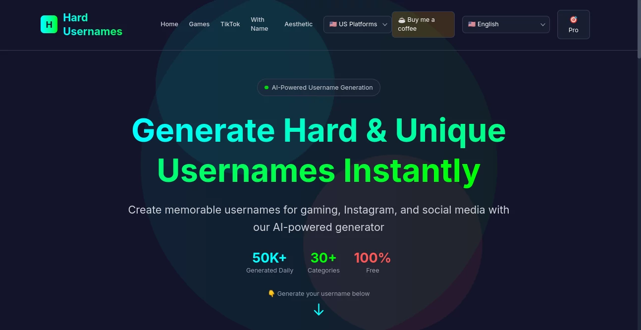 Screenshot of Hard Usernames – An AI tool in the ,AI Creative Writing ,AI Content Generator ,AI Life Assistant ,AI Fun Tools  category, showcasing its interface and key features.