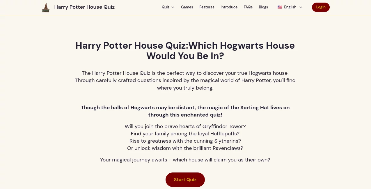 Screenshot of Harry Potter House Quiz – An AI tool in the ,AI Quizzes  category, showcasing its interface and key features.