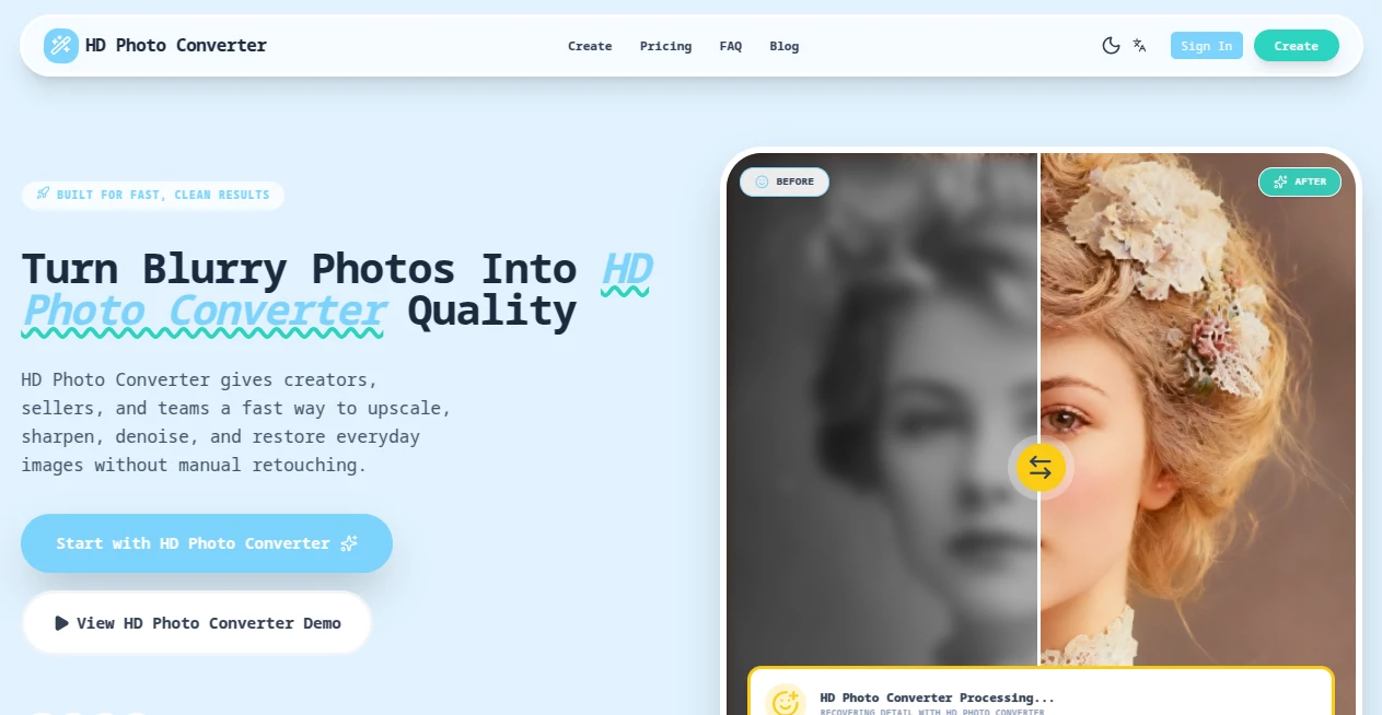 Screenshot of HD Photo Converter – An AI tool in the ,Photo & Image Editor ,AI Photo Enhancer ,AI Design Generator ,AI Image to Image  category, showcasing its interface and key features.
