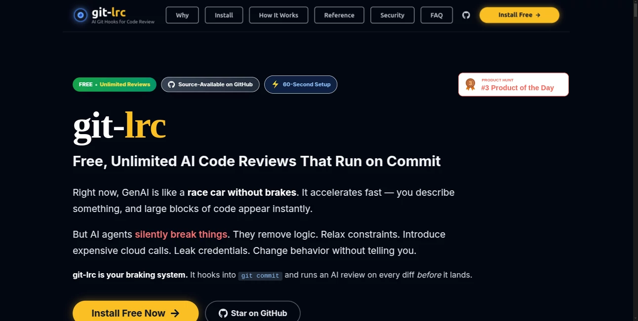 Screenshot of git-lrc – An AI tool in the ,AI Code Assistant ,AI Code Explanation ,AI Code Generator ,AI Developer Tools  category, showcasing its interface and key features.