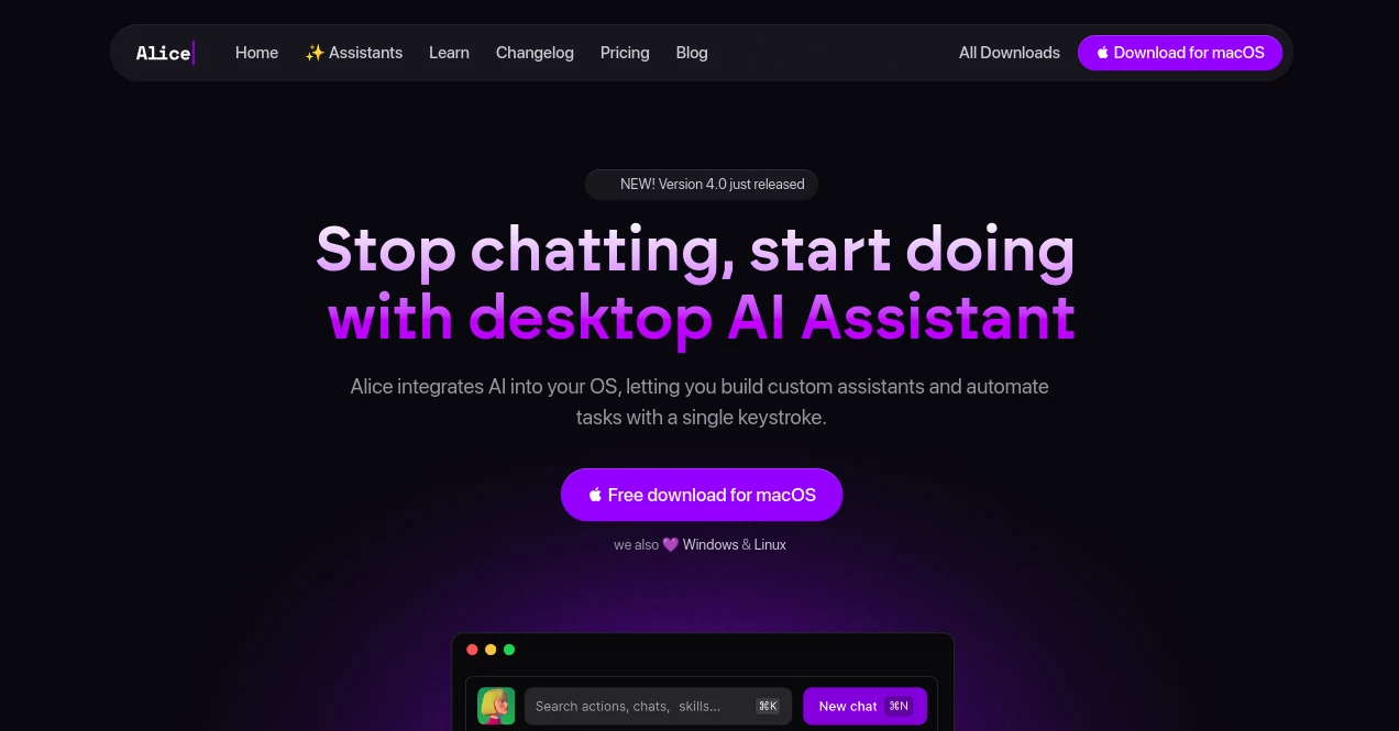 Screenshot of Alice – An AI tool in the ,AI Code Assistant ,AI Chatbot ,AI Productivity Tools ,AI Task Management  category, showcasing its interface and key features.