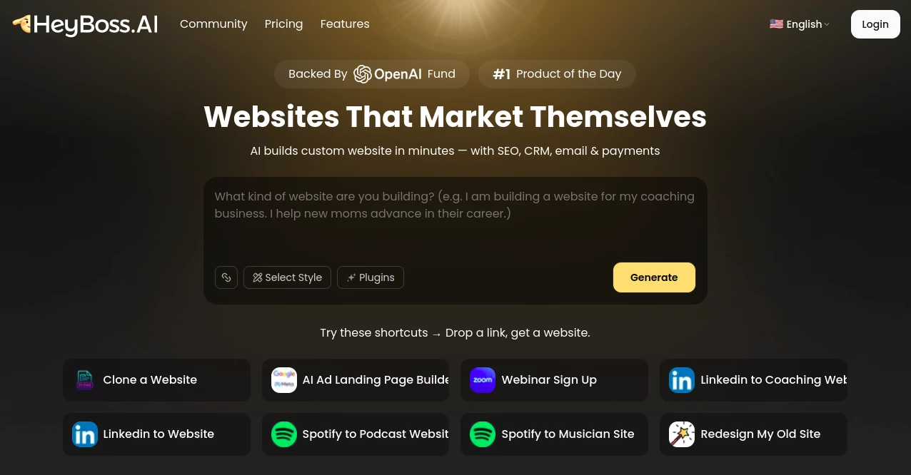 Screenshot of HeyBoss AI – An AI tool in the ,AI Website Builder ,AI No-Code & Low-Code ,AI Business Ideas Generator ,AI CRM Assistant  category, showcasing its interface and key features.