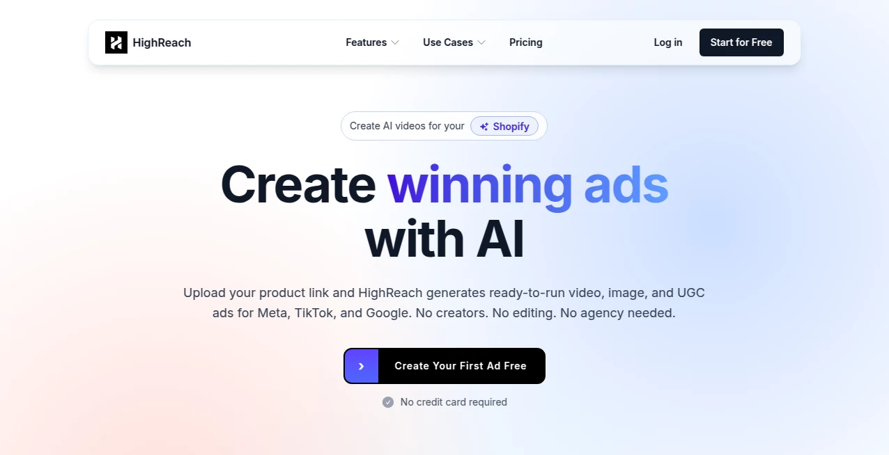 Screenshot of HighReach – An AI tool in the ,AI Advertising Assistant ,AI Ad Creative Assistant ,AI Ad Generator ,AI Digital Marketing Generator  category, showcasing its interface and key features.