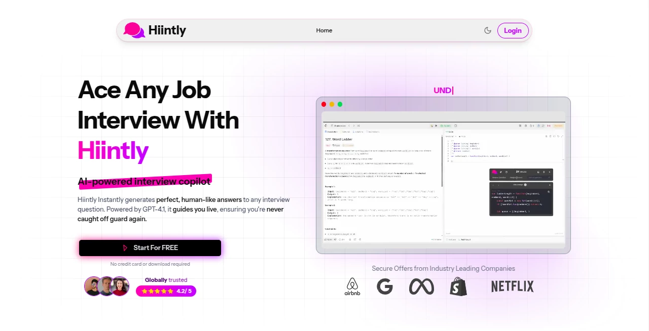 Screenshot of Hiintly – An AI tool in the ,AI Interview Assistant ,AI Resume Builder ,AI Cover Letter Generator ,AI Coaching  category, showcasing its interface and key features.