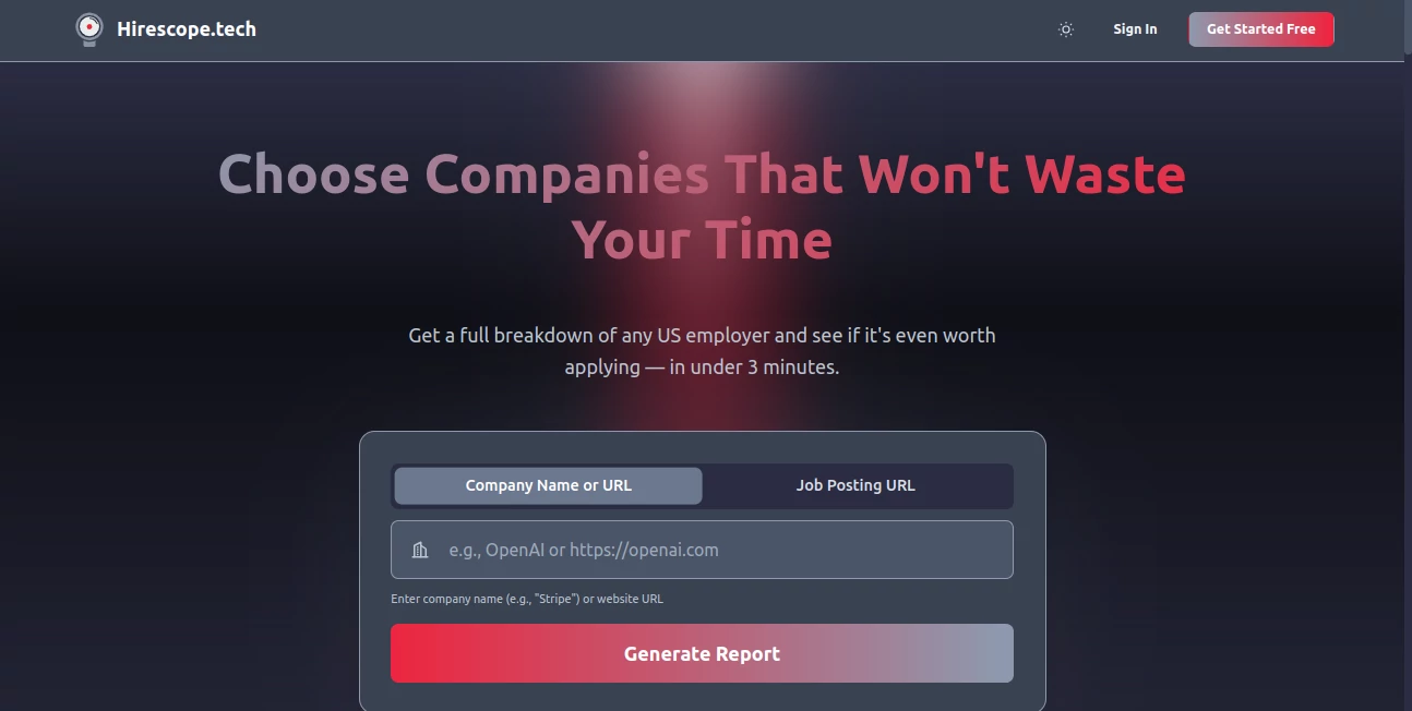 Screenshot of Hirescope.tech – An AI tool in the ,AI Research Tool ,AI Business Ideas Generator ,AI Interview Assistant ,AI Recruiting  category, showcasing its interface and key features.