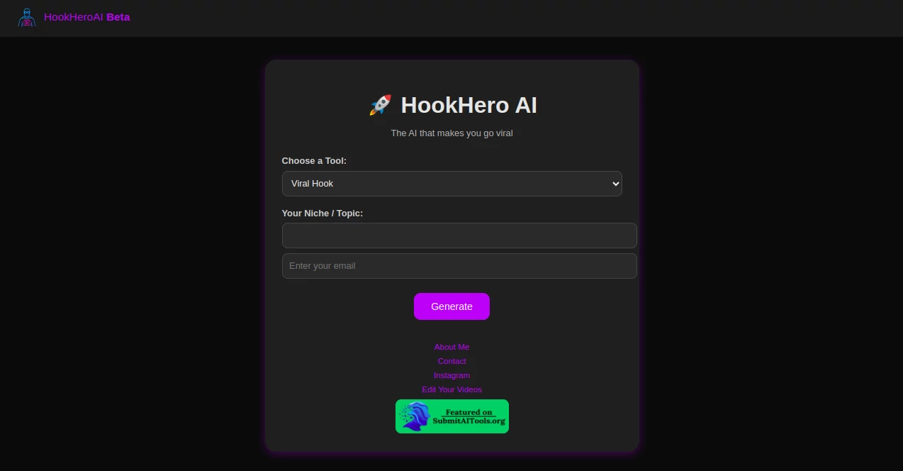 Screenshot of HookHero AI – An AI tool in the ,Other  category, showcasing its interface and key features.