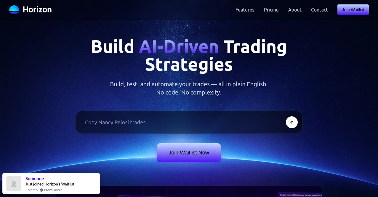 Screenshot of Horizon Trade – An AI tool in the ,AI Research Tool ,AI Trading Bot Assistant ,AI Investing Assistant ,AI Analytics Assistant  category, showcasing its interface and key features.
