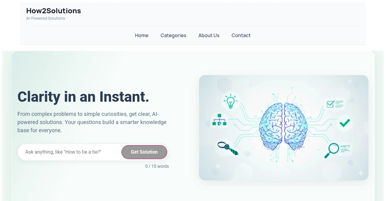 Screenshot of How2Solutions – An AI tool in the ,AI General Writing ,AI Content Generator ,AI Research Tool ,AI Knowledge Base  category, showcasing its interface and key features.