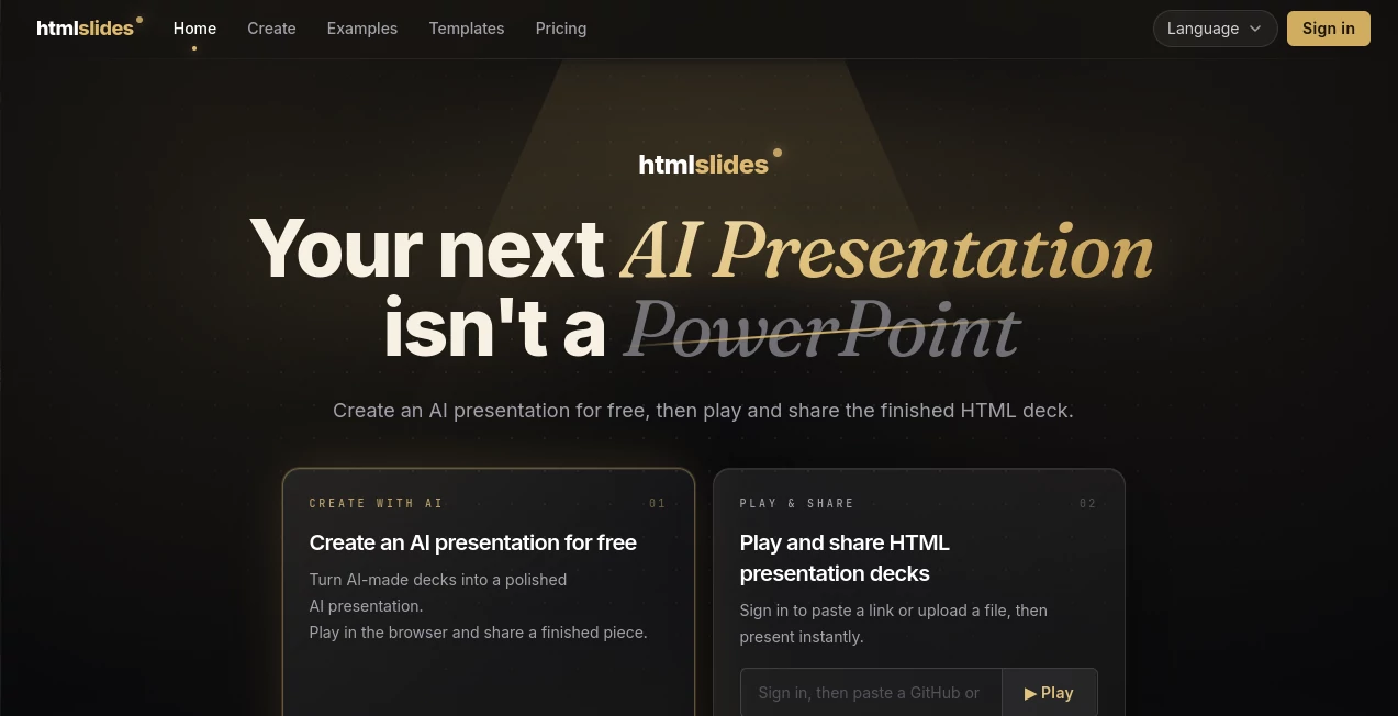 Screenshot of HTMLSlides – An AI tool in the ,AI Design Assistant ,AI Productivity Tools ,AI Website Designer ,AI Presentation Generator  category, showcasing its interface and key features.