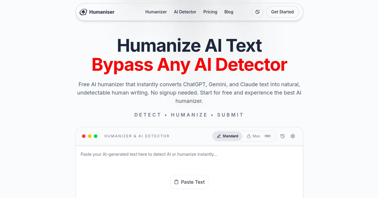 Screenshot of Humaniser – An AI tool in the ,AI Rewriter ,AI Plagiarism Checker ,AI Grammar Checker ,AI Content Detector  category, showcasing its interface and key features.