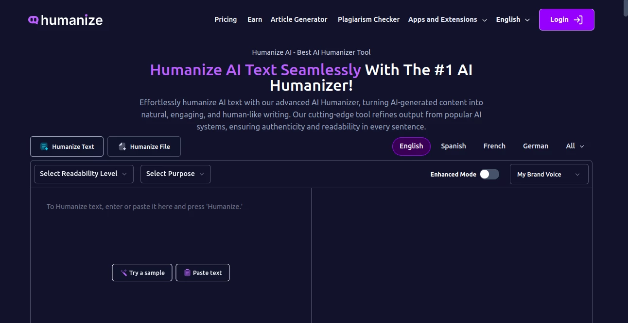 Screenshot of Humanize AI Text – An AI tool in the ,AI Paraphraser ,AI Content Generator ,AI Summarizer ,AI Writing Assistants  category, showcasing its interface and key features.