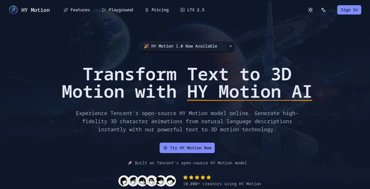 Screenshot of HY Motion – An AI tool in the ,AI 3D Model Generator ,AI Image to 3D Model ,AI Design Generator ,AI Developer Tools  category, showcasing its interface and key features.
