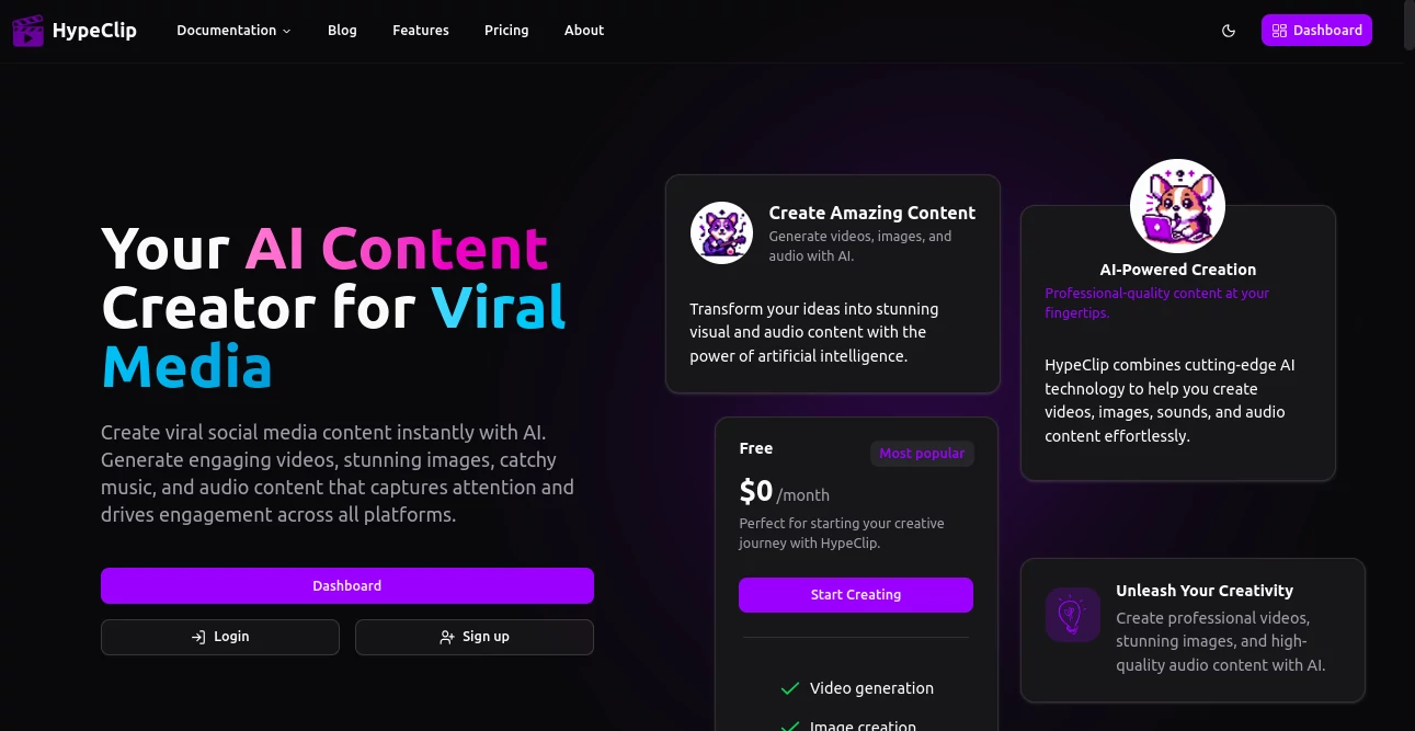 Screenshot of HypeClip – An AI tool in the ,AI Photo & Image Generator ,AI Video Generator ,AI Music Generator ,AI Text to Video  category, showcasing its interface and key features.