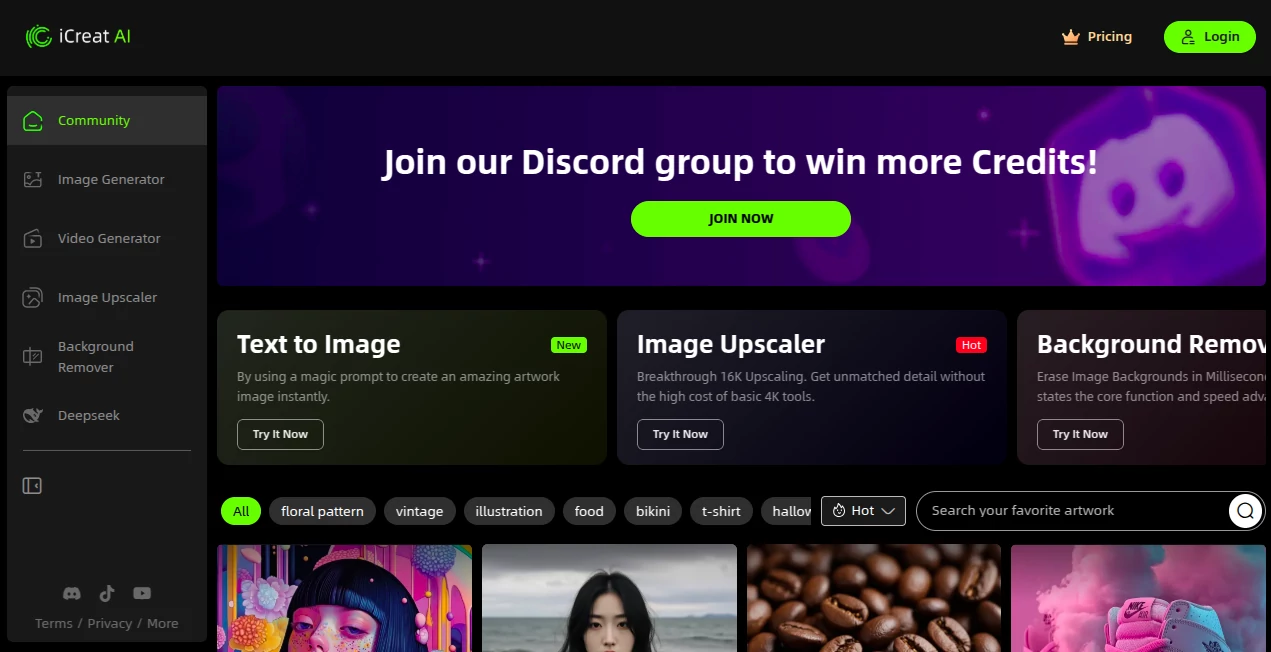 Screenshot of iCreat AI – An AI tool in the ,AI Text to Image ,AI Photo & Image Generator ,AI Text to Video ,AI Video Generator  category, showcasing its interface and key features.