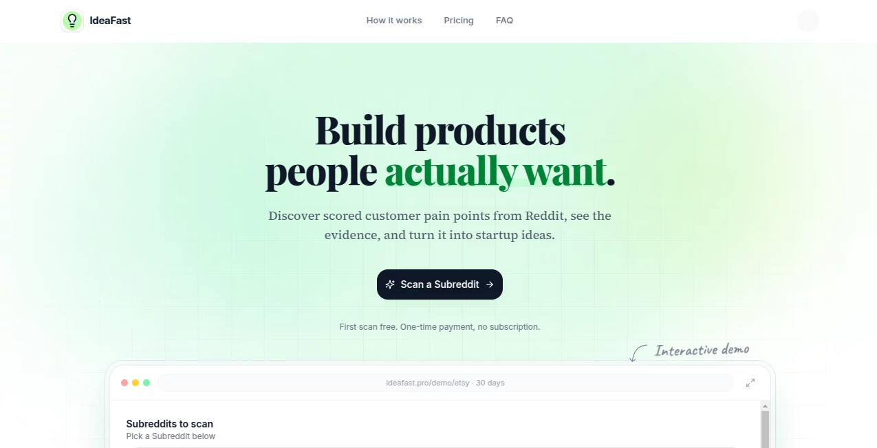 Screenshot of IdeaFast – An AI tool in the ,AI Business Ideas Generator ,Business  category, showcasing its interface and key features.