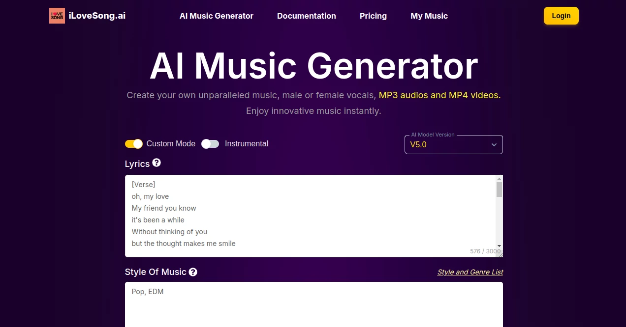 Screenshot of ILoveSong AI – An AI tool in the ,AI Lyrics Generator ,AI Video Generator ,AI Music Generator ,AI Text to Music  category, showcasing its interface and key features.