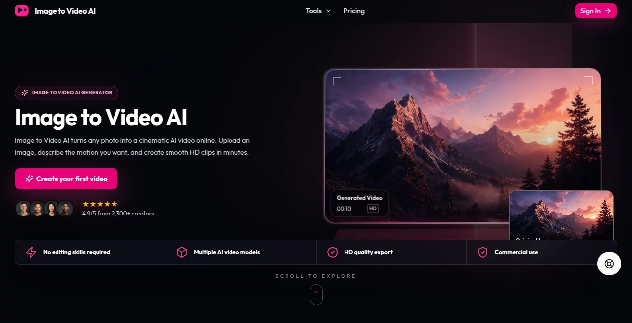 Screenshot of image to video ai – An AI tool in the ,AI Animated Video ,AI Image to Video ,AI Video Generator ,AI Design Generator  category, showcasing its interface and key features.