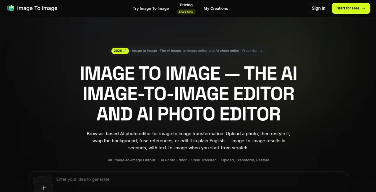 Screenshot of Image To Image – An AI tool in the ,AI Photo & Image Generator ,AI Background Generator ,AI Image to Image  category, showcasing its interface and key features.