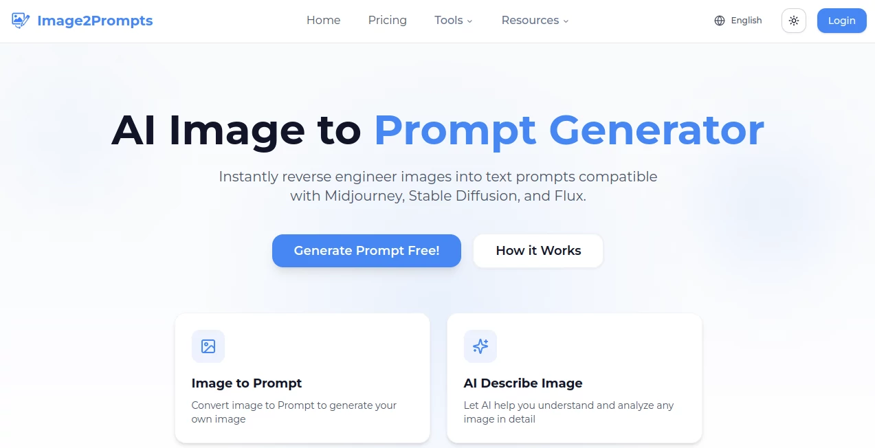 Screenshot of Image2Prompts – An AI tool in the ,AI Rewriter ,AI Content Generator ,AI Image Recognition ,AI Research Tool  category, showcasing its interface and key features.