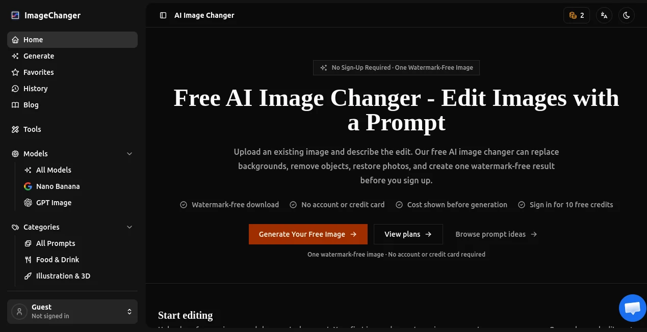 Screenshot of ImageChanger – An AI tool in the ,Photo & Image Editor ,AI Background Generator ,AI Photo Restoration ,AI Image to Image  category, showcasing its interface and key features.