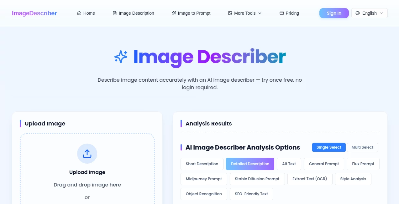Screenshot of Image Describer – An AI tool in the ,AI Image Recognition ,AI Content Generator ,AI Documents Assistant ,Photo & Image Editor  category, showcasing its interface and key features.
