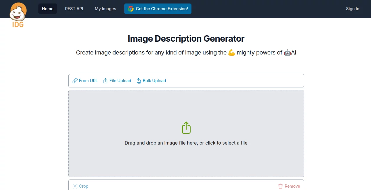 Screenshot of Image Description Generator – An AI tool in the ,AI Summarizer ,AI Creative Writing ,AI Content Generator ,AI Image Recognition  category, showcasing its interface and key features.