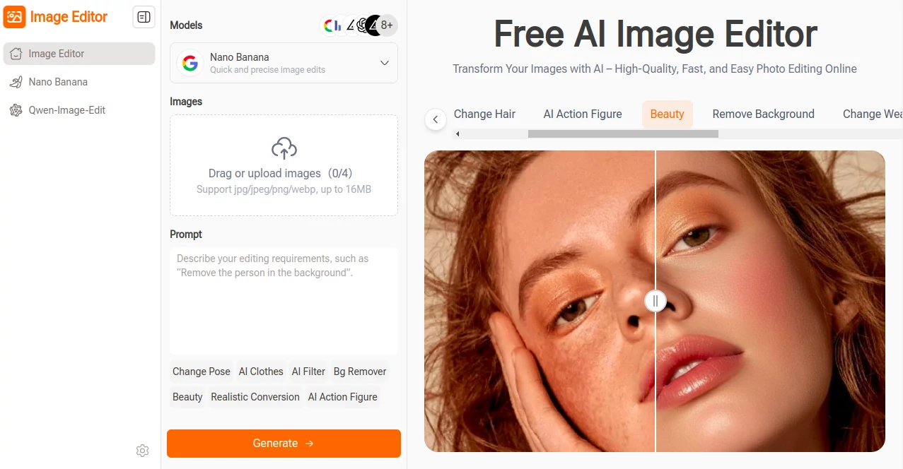 Screenshot of Image Editor – An AI tool in the ,Photo & Image Editor ,AI Photo Enhancer ,AI Background Remover ,AI Image to Image  category, showcasing its interface and key features.