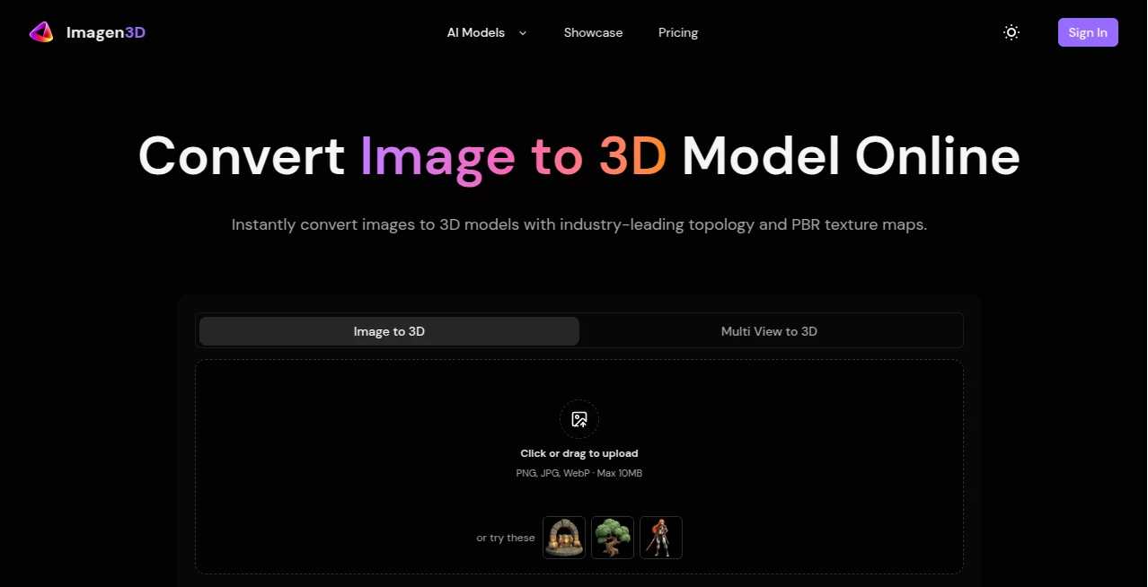 Screenshot of Imagen3D – An AI tool in the ,Photo & Image Editor ,AI Design Generator ,AI 3D Model Generator ,AI Image to 3D Model  category, showcasing its interface and key features.