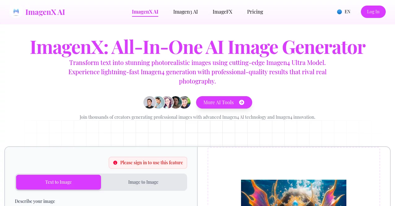 Screenshot of Imagen4 – An AI tool in the ,AI Text to Image ,AI Photo & Image Generator ,AI Art Generator ,AI Design Generator  category, showcasing its interface and key features.