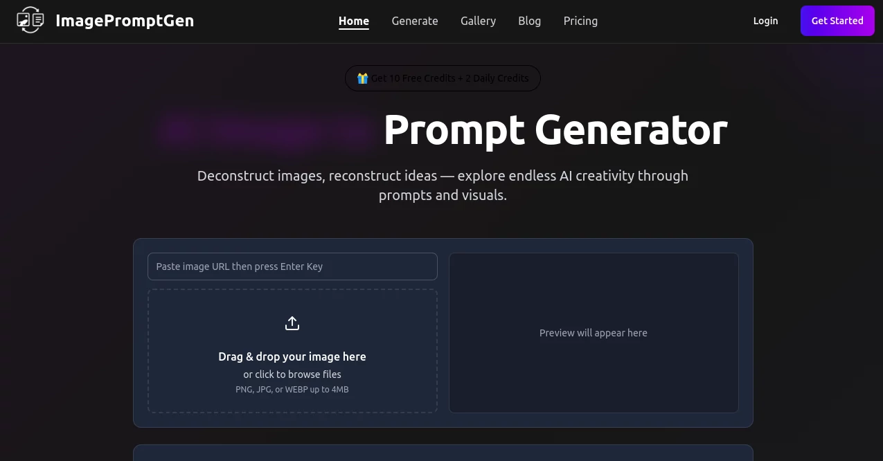 Screenshot of ImagePromptGen – An AI tool in the ,Photo & Image Editor ,AI Image Recognition ,AI Art Generator ,Prompt  category, showcasing its interface and key features.