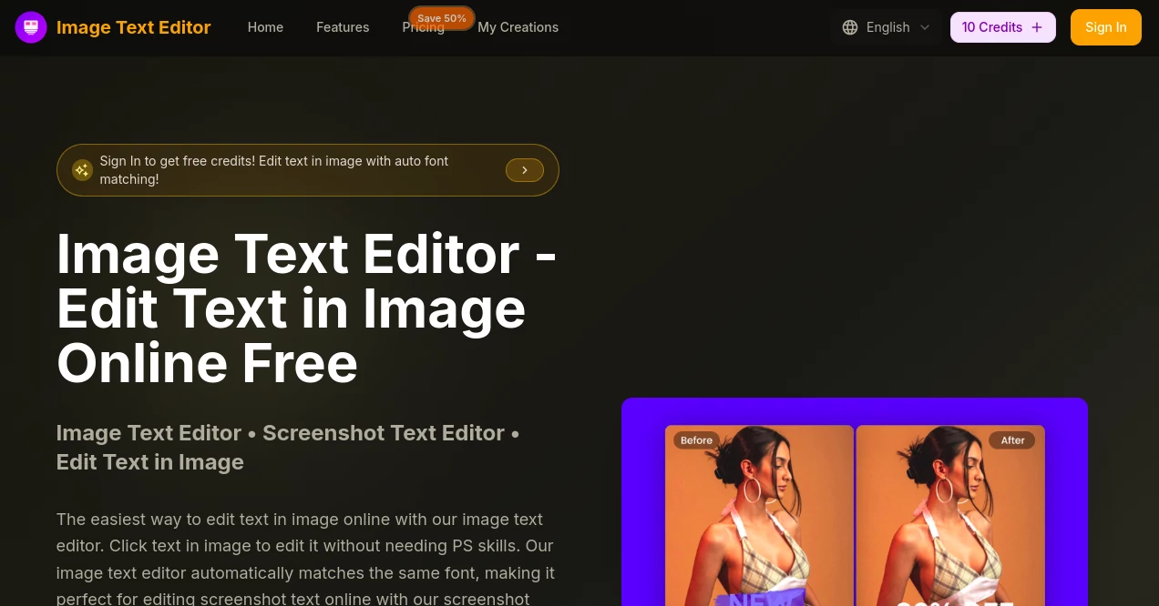 Screenshot of Image Text Editor – An AI tool in the ,Photo & Image Editor ,AI Photo Enhancer ,AI Image to Image ,AI Design Generator  category, showcasing its interface and key features.