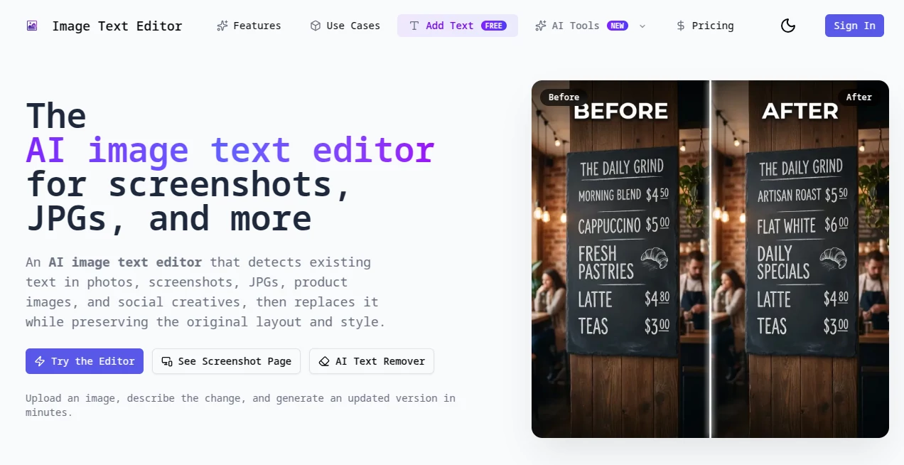 Screenshot of Image Text Editor – An AI tool in the ,Photo & Image Editor ,AI Photo Enhancer ,AI Image to Image ,AI Design Generator  category, showcasing its interface and key features.