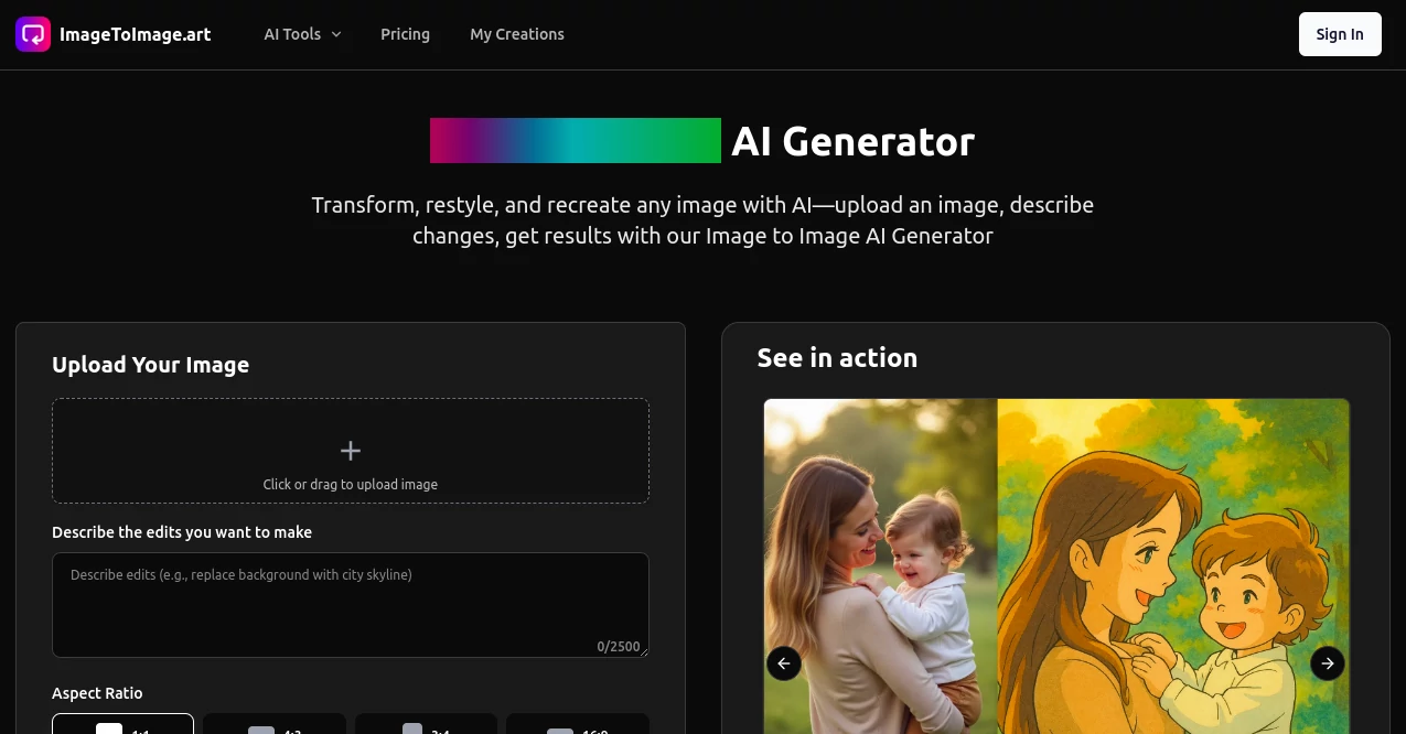 Screenshot of Image to Image AI Generator – An AI tool in the ,Photo & Image Editor ,AI Image to Image ,AI Art Generator ,AI Design Generator  category, showcasing its interface and key features.