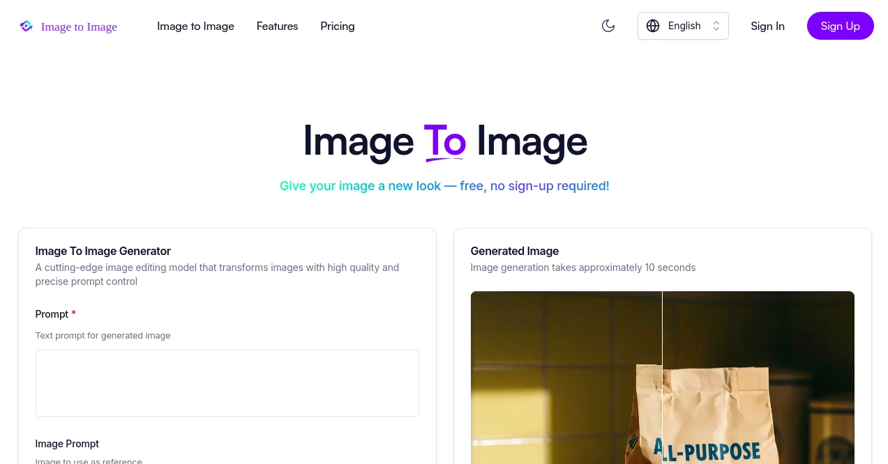 Screenshot of Image to Image – An AI tool in the ,AI Photo & Image Generator ,Photo & Image Editor ,AI Image to Image ,AI Design Generator  category, showcasing its interface and key features.