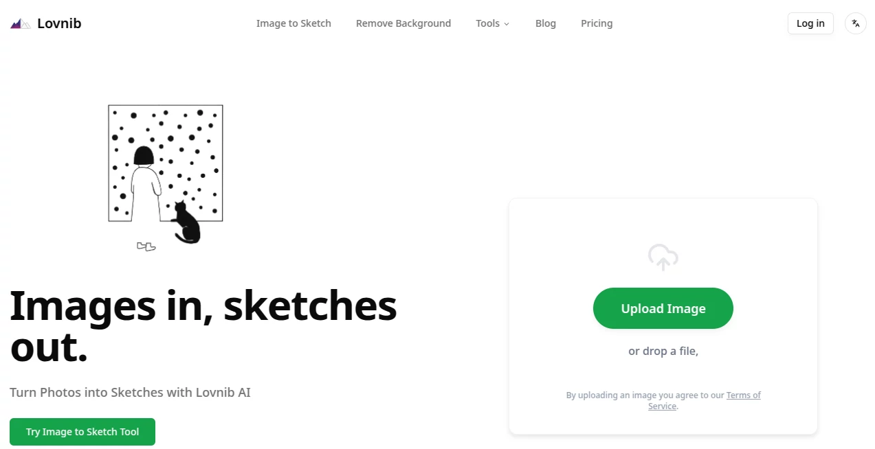 Screenshot of Image to Sketch | Lovnib – An AI tool in the ,Photo & Image Editor ,AI Image to Image ,AI Art Generator ,AI Design Generator  category, showcasing its interface and key features.