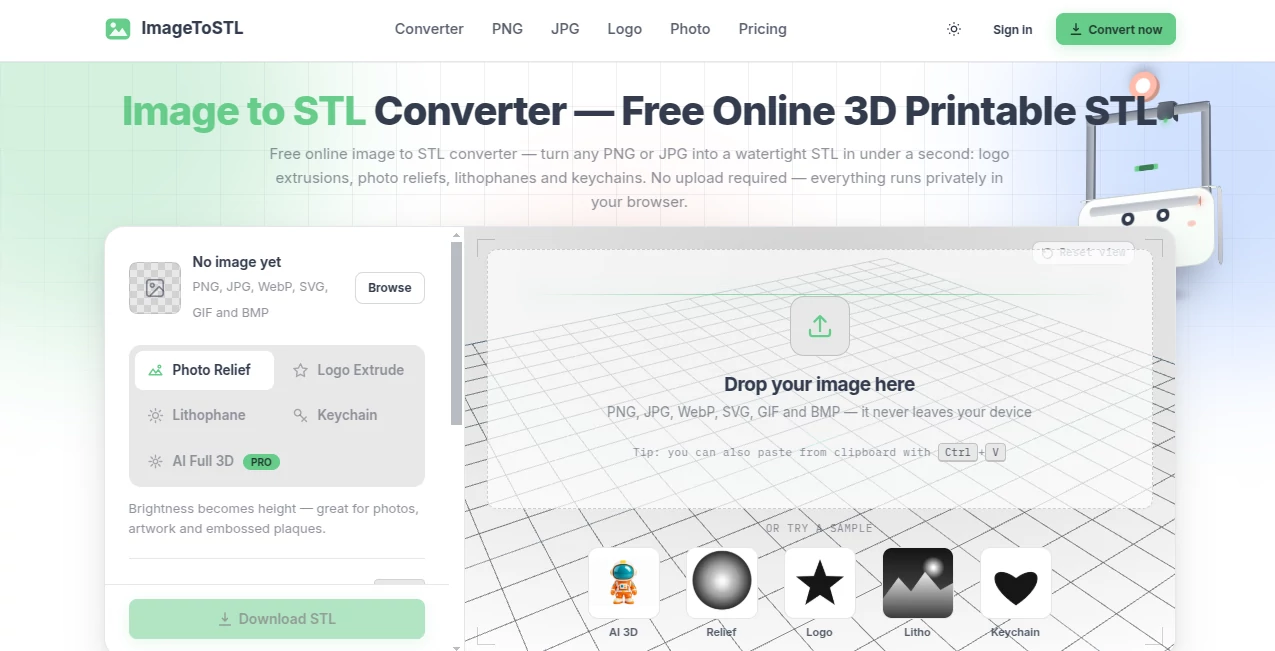 Screenshot of ImageToSTL – An AI tool in the ,AI 3D Model Generator ,AI Text to 3D ,AI Image to 3D Model ,Design & Art  category, showcasing its interface and key features.