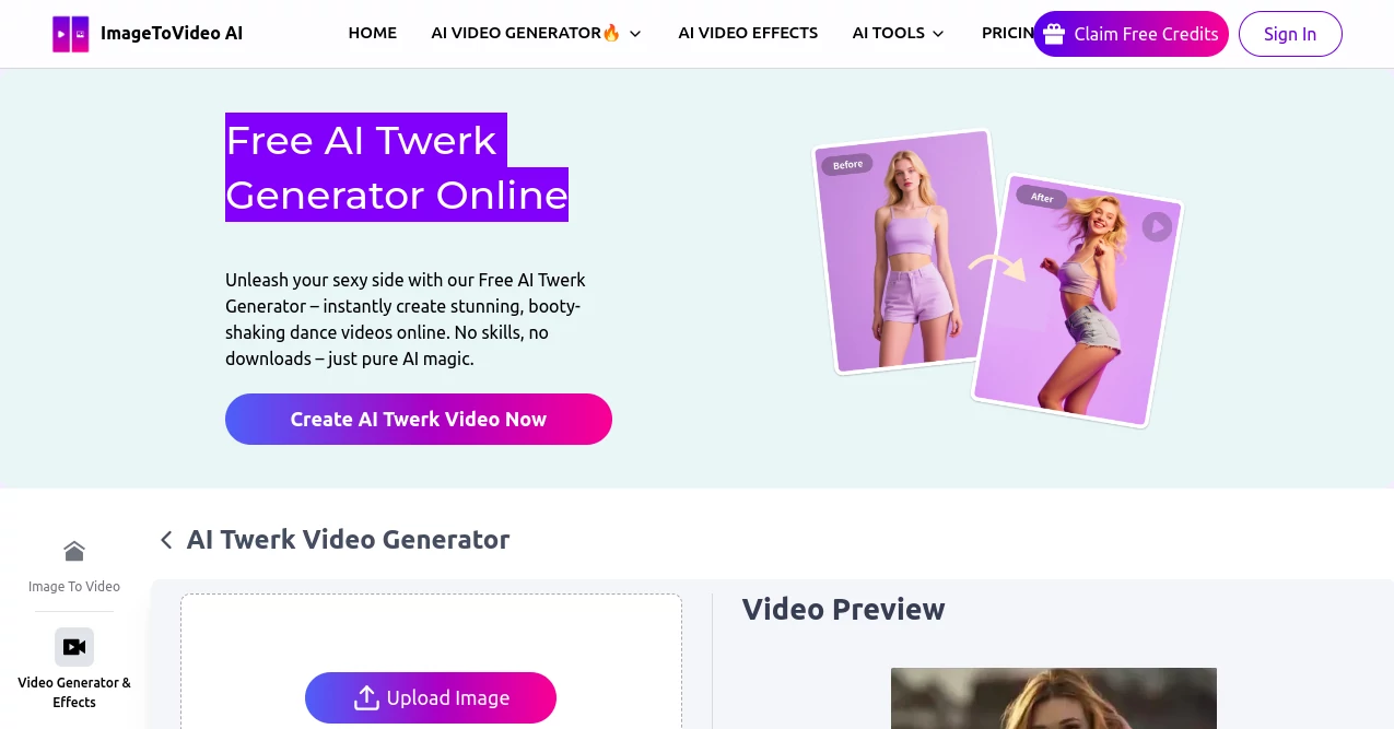 Screenshot of ImageToVideo AI - Free AI Twerk Generator Online – An AI tool in the ,AI Animated Video ,AI Image to Video ,AI Video Generator ,AI Short Clips Generator  category, showcasing its interface and key features.