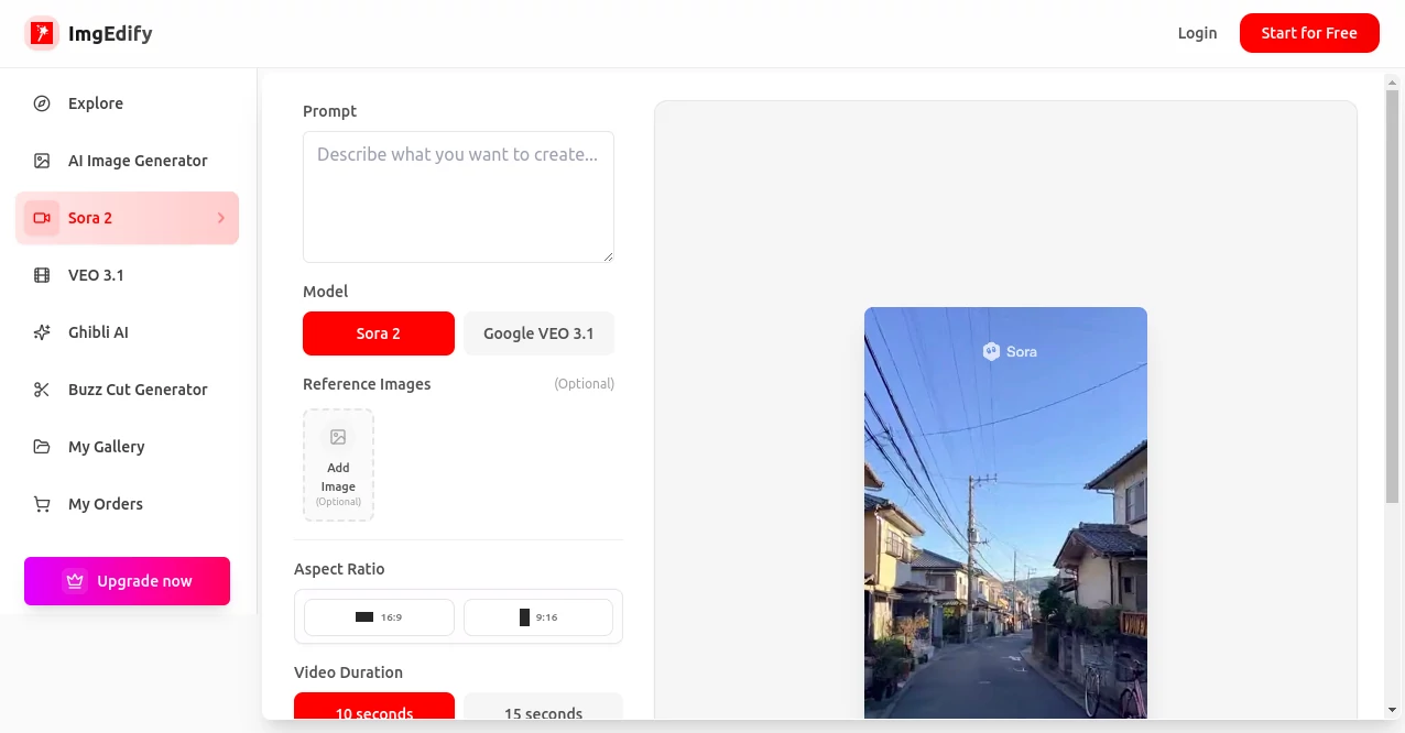 Screenshot of imgedify sora2 – An AI tool in the ,AI Animated Video ,AI Image to Video ,AI Text to Video ,AI Video Generator  category, showcasing its interface and key features.