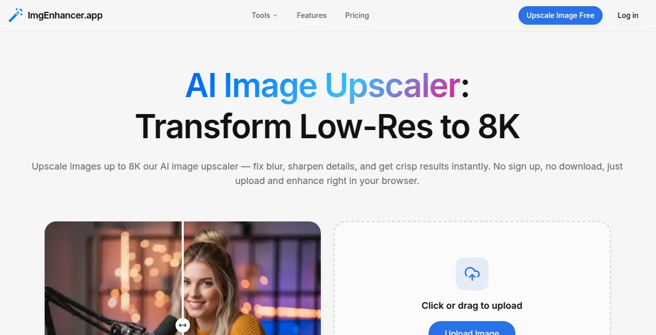 Screenshot of ImgEnhancer – An AI tool in the ,Photo & Image Editor ,AI Photo Enhancer ,AI Image Recognition ,AI Design Generator  category, showcasing its interface and key features.