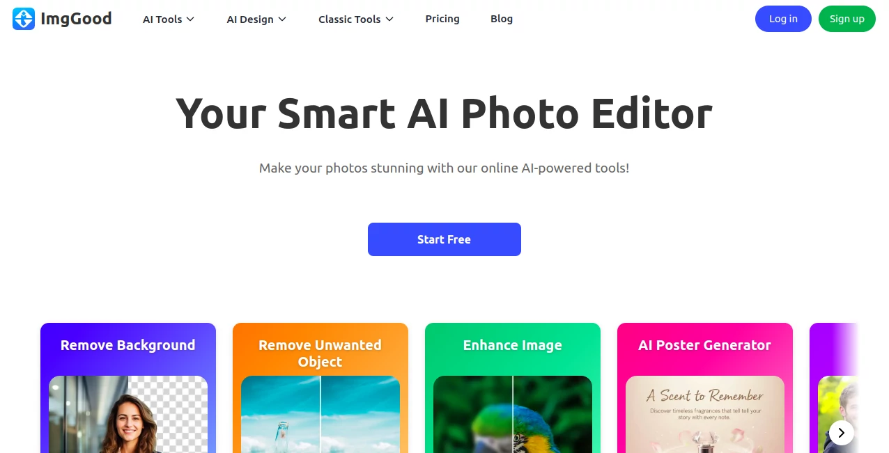Screenshot of ImgGood – An AI tool in the ,Photo & Image Editor ,AI Photo Enhancer ,AI Background Remover  category, showcasing its interface and key features.