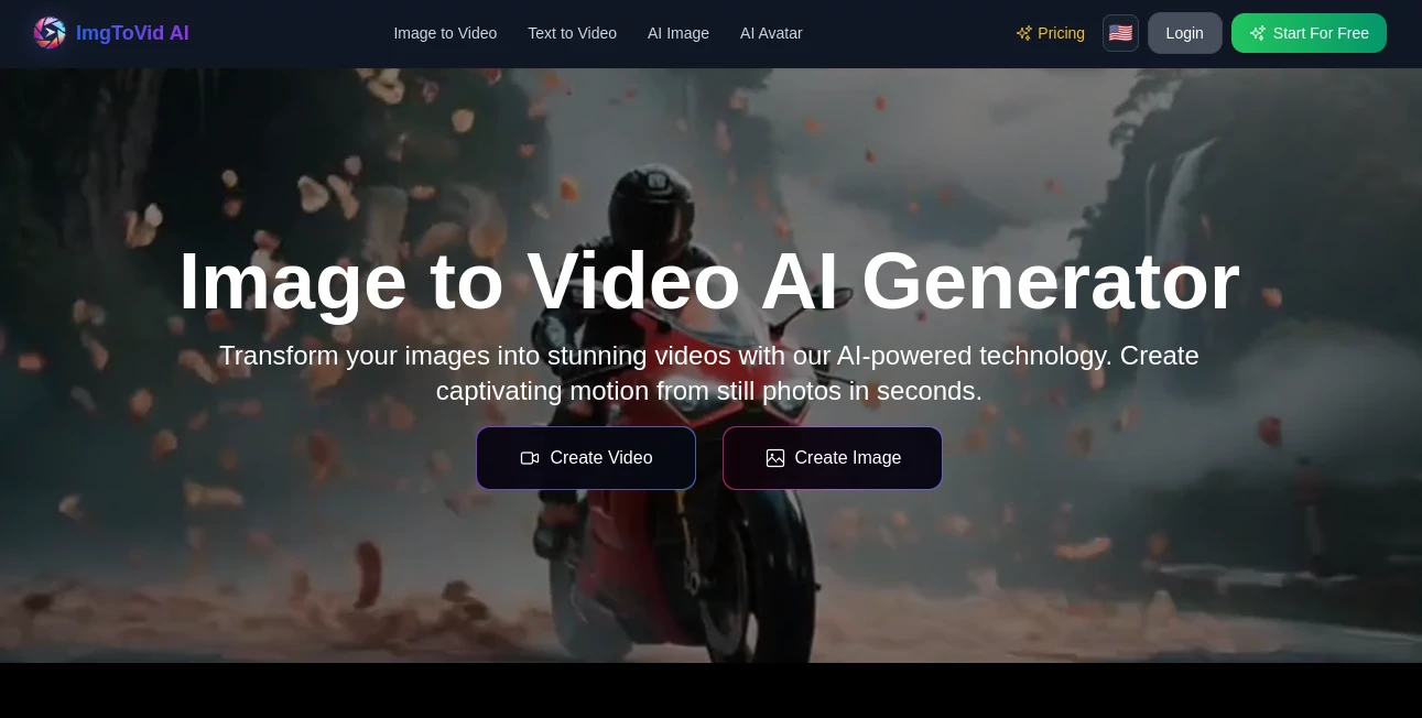 Screenshot of ImgToVid AI – An AI tool in the ,AI Animated Video ,AI Image to Video ,AI Text to Video ,AI Video Generator  category, showcasing its interface and key features.